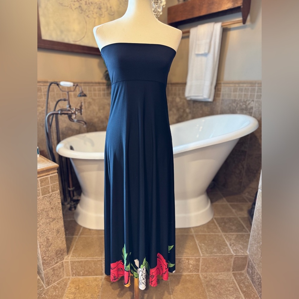 LuLaRoe Black Strapless Midi Dress with Red Floral Hem